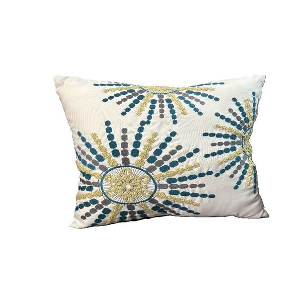 Pier 1 Embroidered Sunburst Pillow Teal Gold White 16 x 16 - Picture 2 of 11